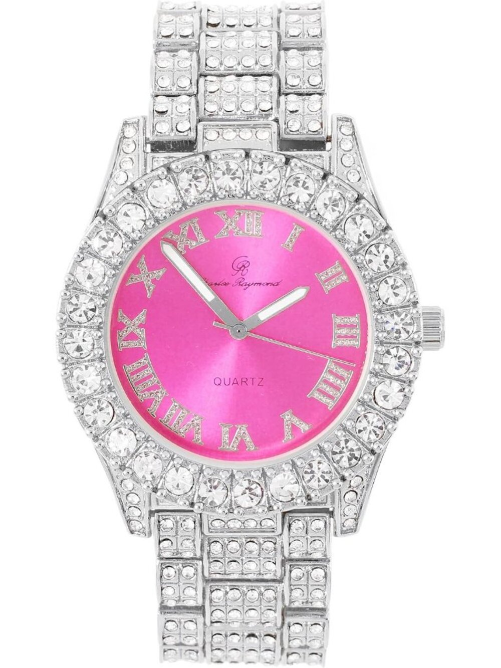 Women's Silver Hot Pink Big Rocks Bezel Colored Dial with Roman Numerals Watch